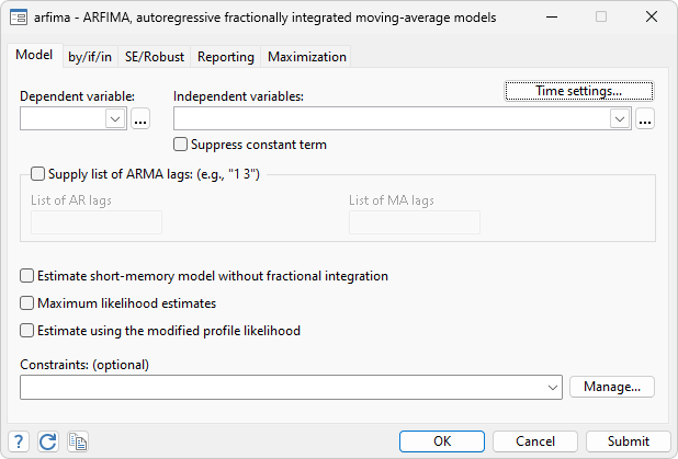 dialog box for ARFIMA